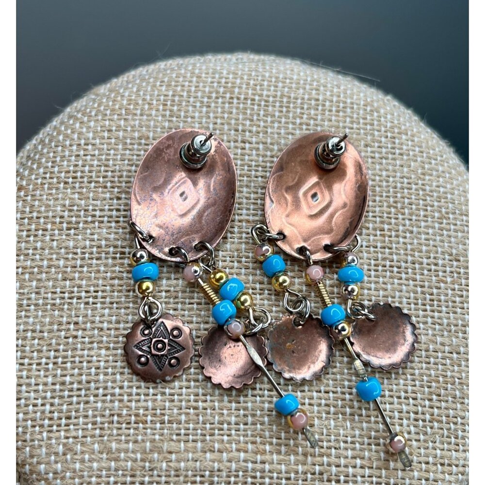 Vintage Copper & Turquoise Beaded Dangle Earrings With Geometric Design & Tribal - Picture 5 of 11